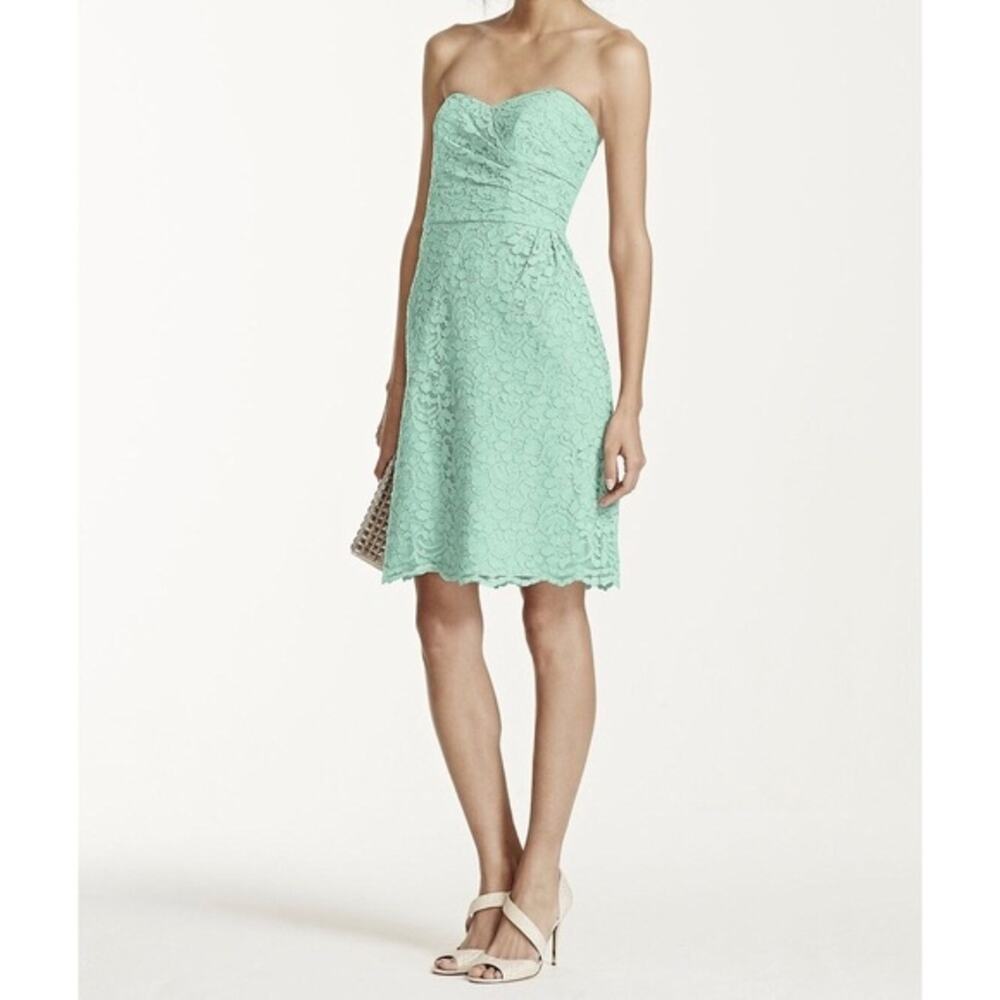 David’s Bridal Teal Short Strapless Lace Dress